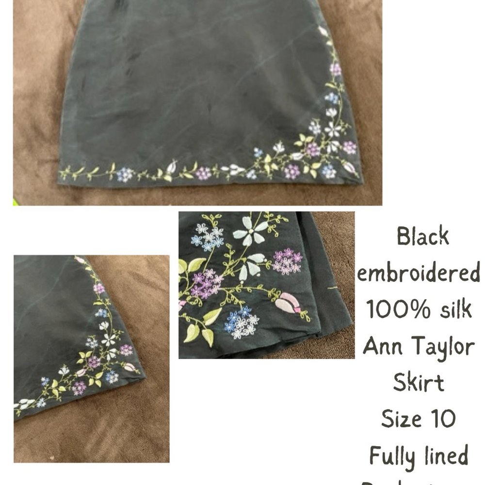 Ann Taylor 100% silk Black Embroidered skirt Size 10